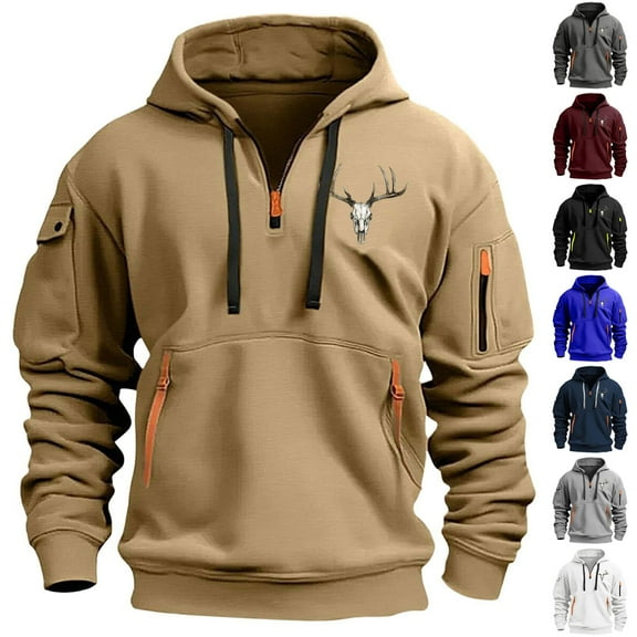 DDAPJ pyju Men Western Hoodie Aztec Cowboy Sweatshirt Ethnic Cow Skull Print Quarter Zip Pullover Tops Big and Tall Casual Street Hoodies Gray M