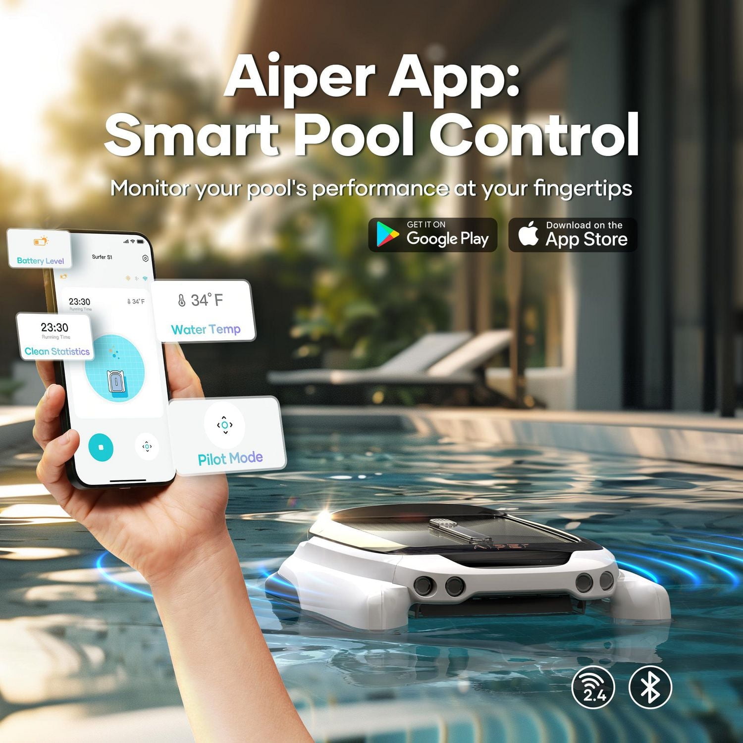 Aiper Surfer M1 Solar Powered Automatic Robotic Pool Skimmer Cleaner, Lasts 12 Hours, App Control, Ultrasonic Detection