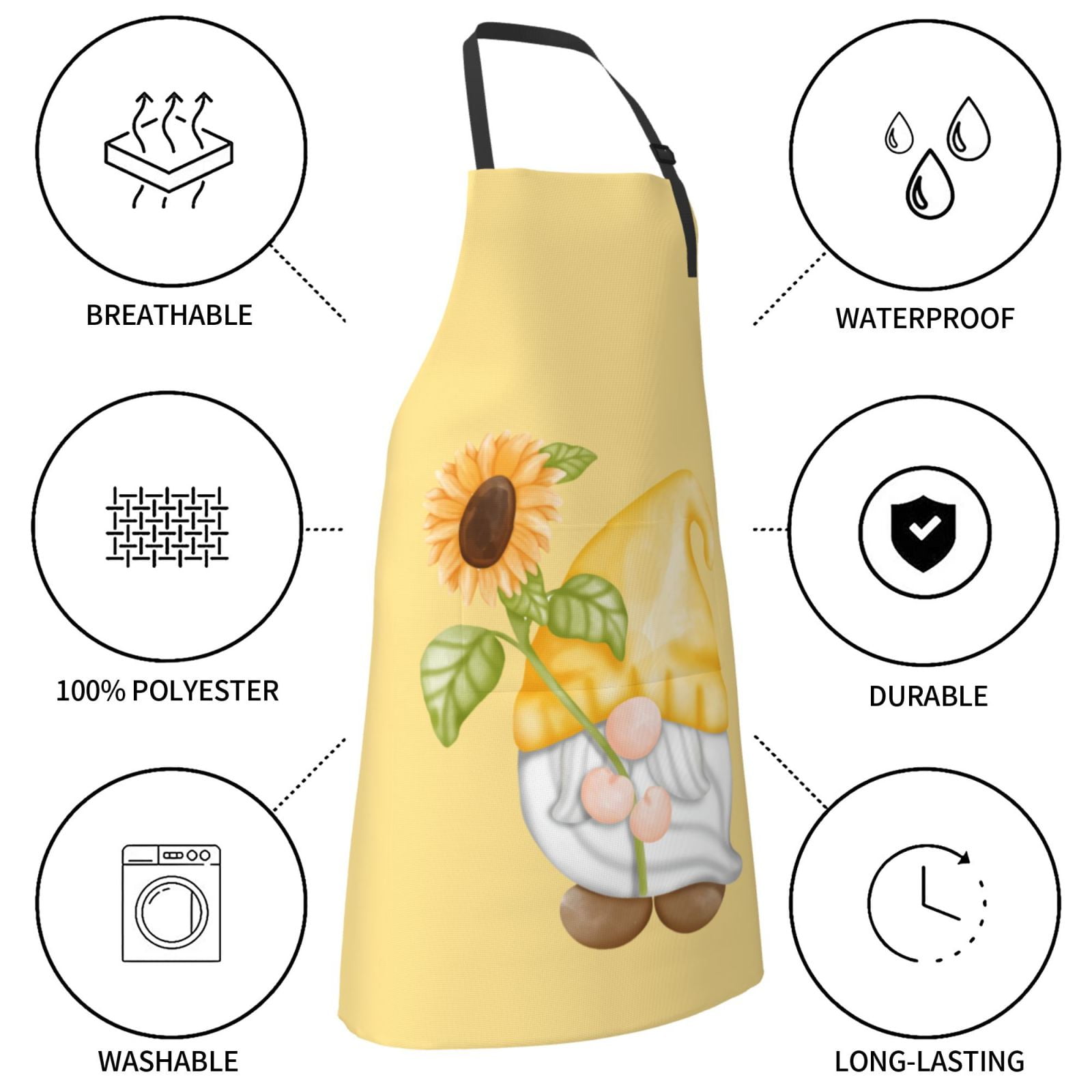 Kdxio Sunflower Gnomes Apron with Pockets Adjustable Kitchen Aprons for Men Women Waterproof Aprons for Cooking,Drawing,Crafting, Baking Household Cleaning