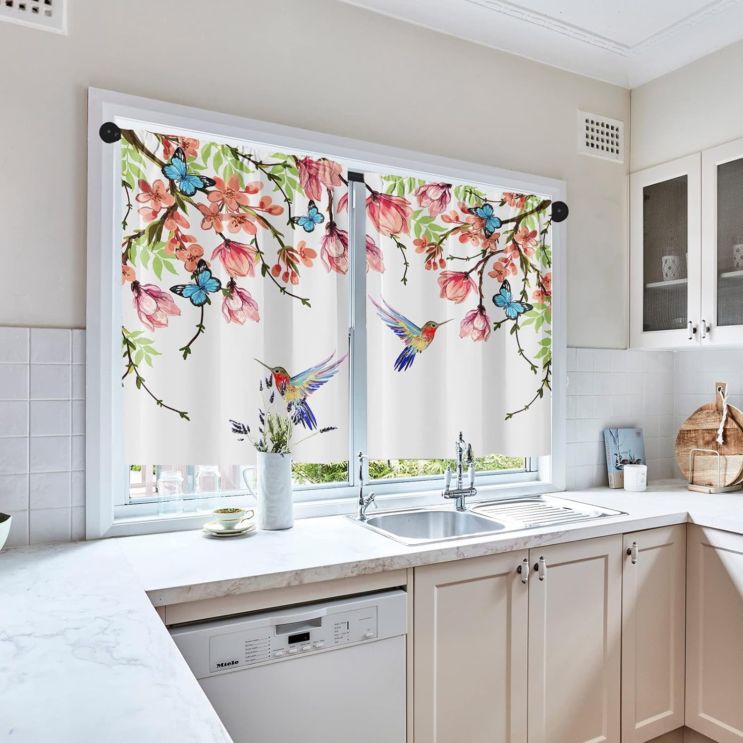 Flower Bird Kitchen Curtains Spring Butterfly Window Curtains Valance and Tier Set of 3, Watercolor Pink Botanical Short Tier Curtain, Floral Small Cafe Curtains for Kitchen Decor 52" x 24"