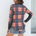 thumbnail image 4 of Top de mujer con cuello redondo, blusa holgada de manga larga con retales a cuadros, blusa para mujer con bolsillo en el pecho, Rojo M, 4 of 6