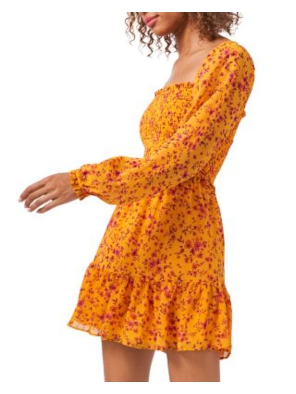 1. STATE Womens Orange Floral Balloon Sleeve Square Neck Short Party