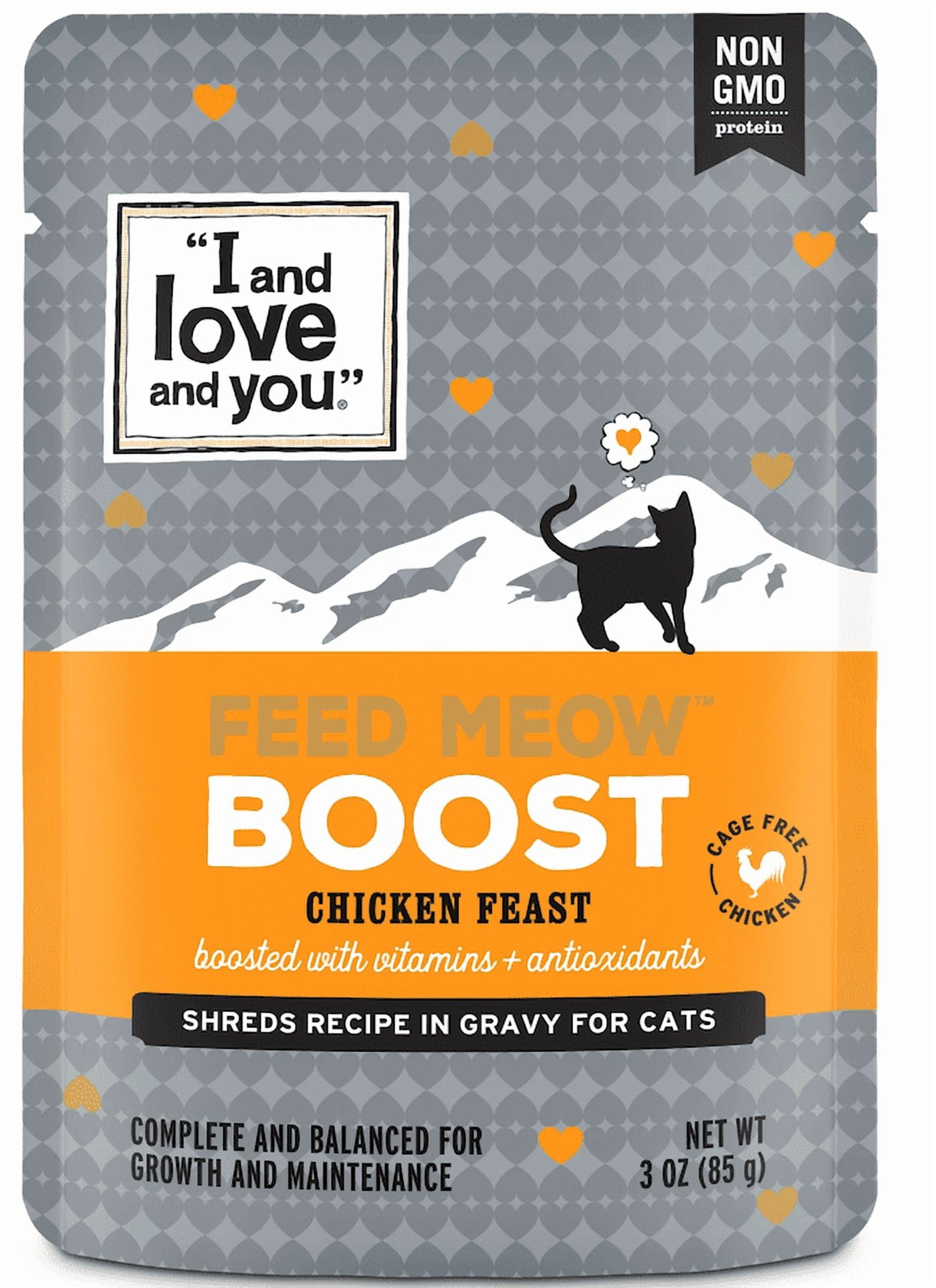 (24 pack) "I and love and you" Feed Meow Wet Cat Food, Boost Formula with Chicken, Vitamins and Antioxidants, Grain Free, No Fillers, 3 oz. Pouch
