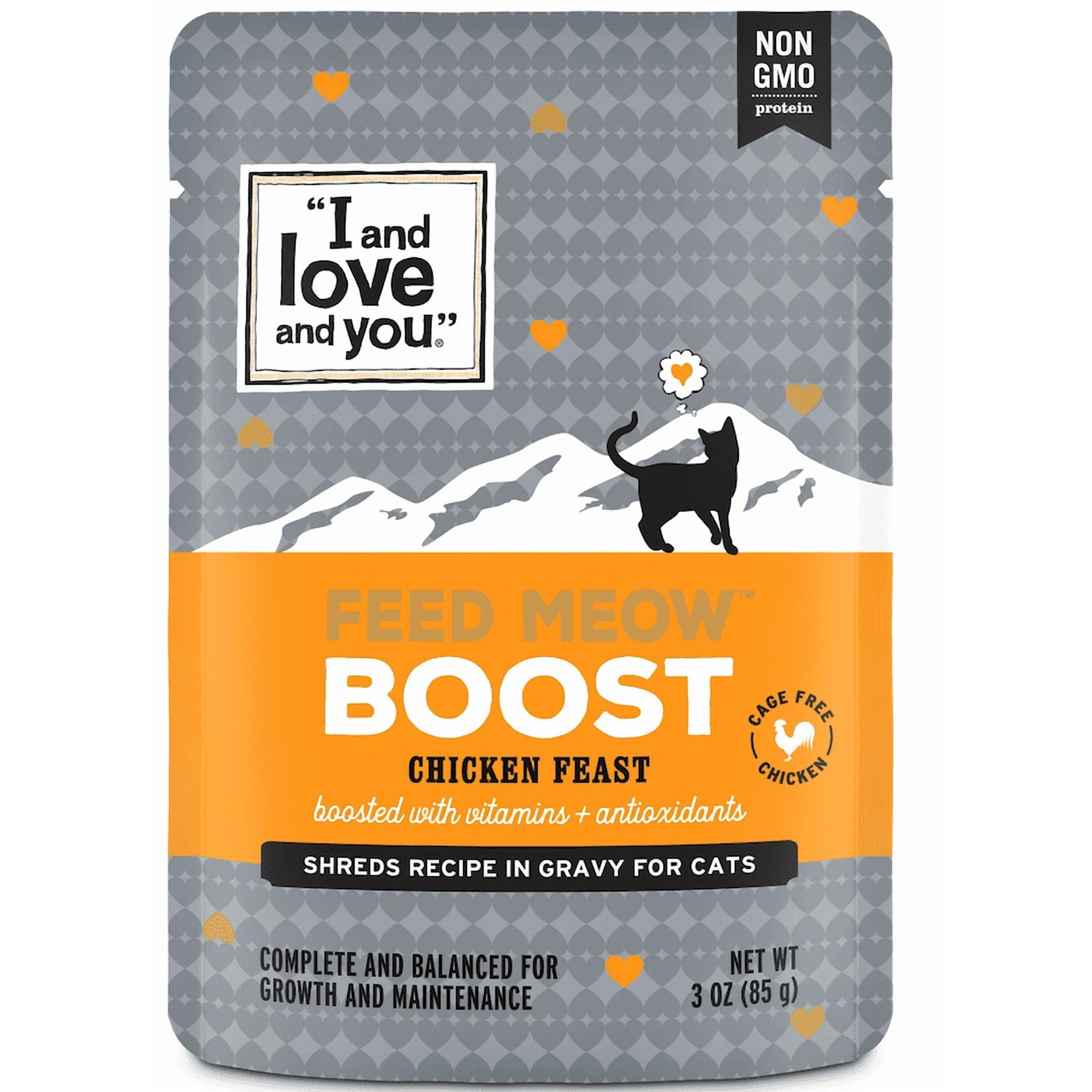 "I and love and you" Feed Meow Wet Cat Food, Boost Formula with Chicken, Vitamins and Antioxidants, Grain Free, No Fillers, 3 oz. Pouch