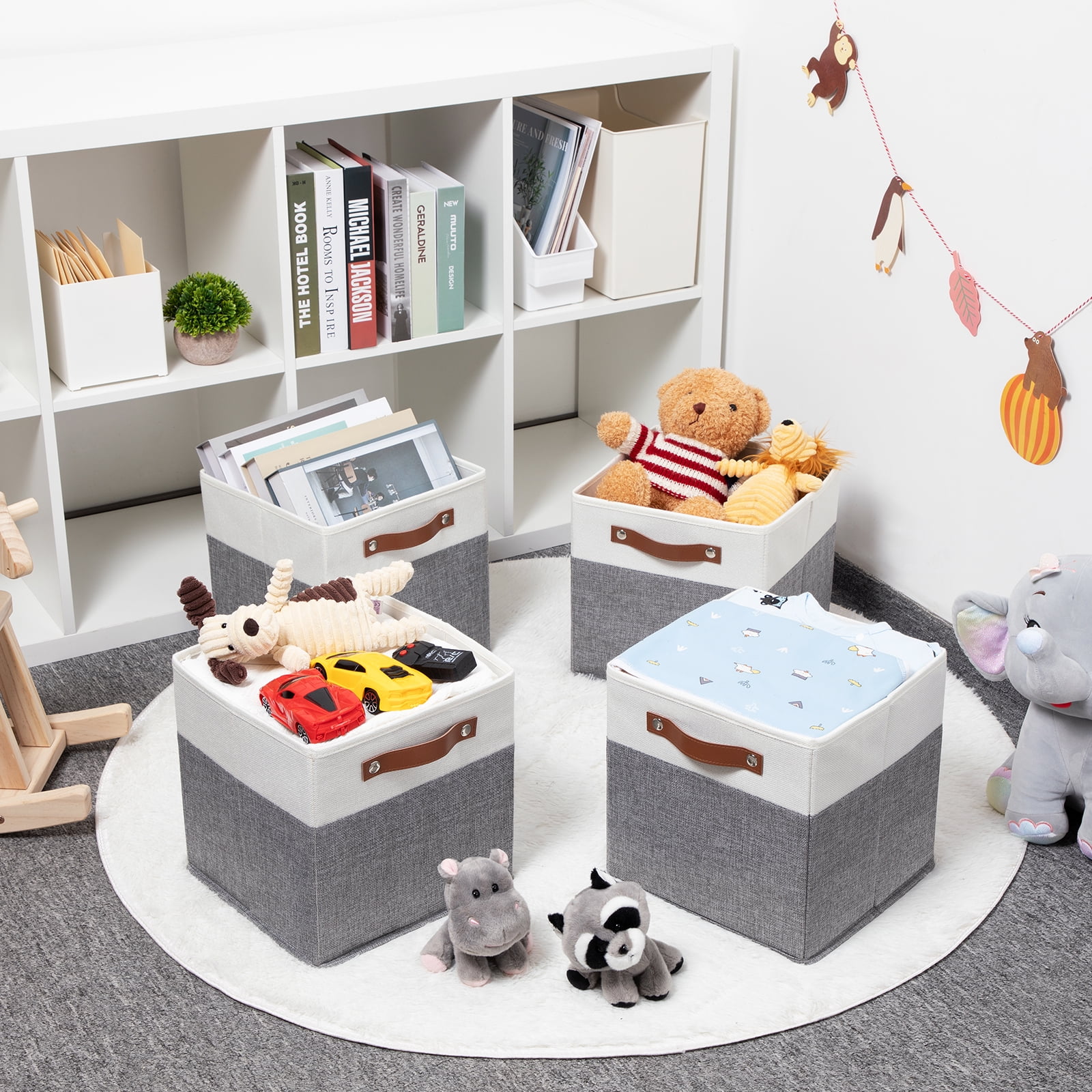 ANLEM 11x11 Fabric Cube Storage Bins, Set of 4, Foldable Storage Cube Bin Baskets for Shelves with Handles, Bins for Cube Organizer Home Toy Nursery Closet(White Gray)