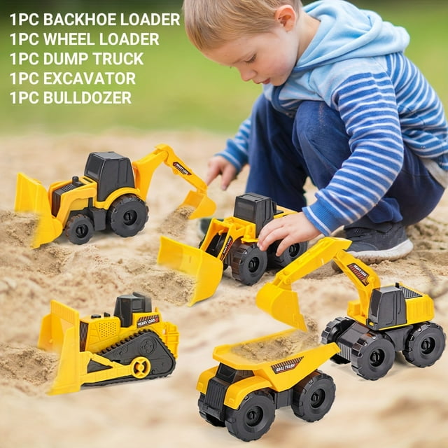 5PCS Large Scale Construction Vehicle Toy Set - Construction Vehicles for Kids with Backhoes, Dump Trucks, Excavators, Loaders, Bulldozers - Perfect for Outdoor Beach Play, Learning, and Educational D