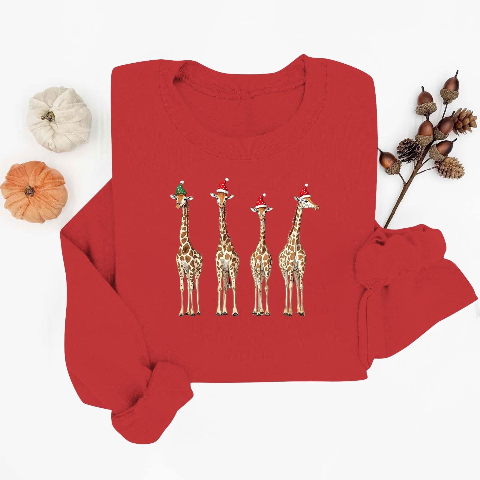 SYMOID Womens Red Christmas Crewneck Sweatshirt, 100% Cotton Loose Fit Festive Giraffe Graphic with Santa/Elf Hat,Size M
