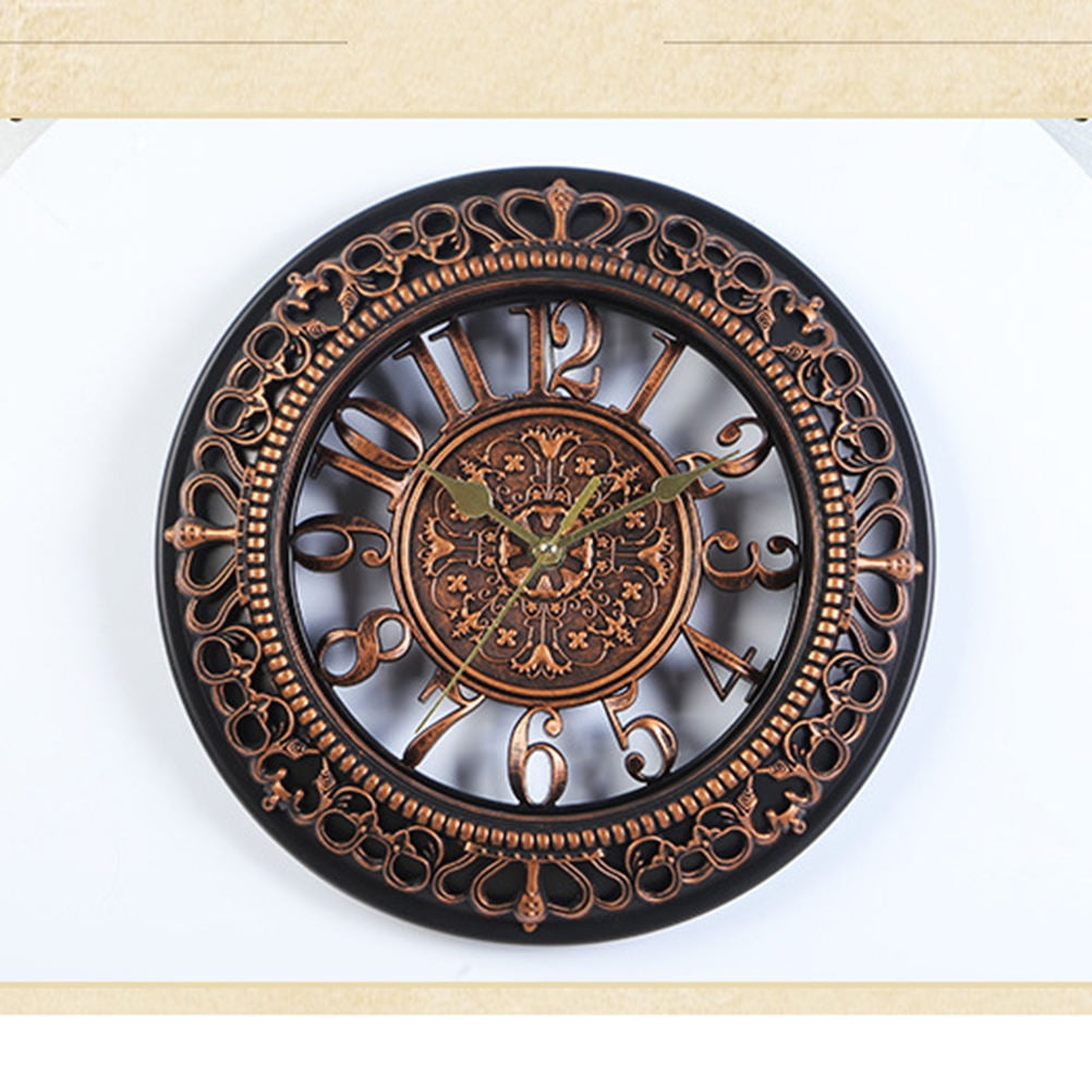 WHAMVOX Vintage Dial Clock European Hollowed-out Silent Clock 3D Round Large Decorative Wall Clock for Living Room Bedroom Kitchen(Bronze)