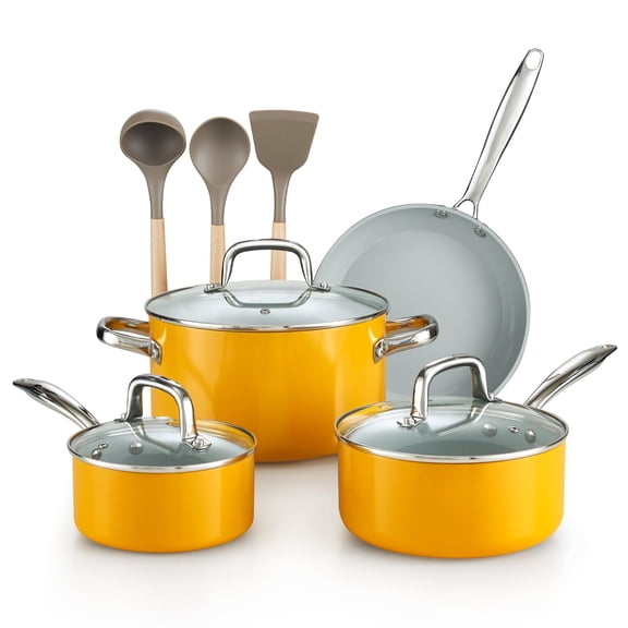 Cook N Home 10 Pcs Ceramic Pots and Pans Cookware Set, Non Stick & Non-Toxic Health Kitchen Cook Ware Sets, Yellow