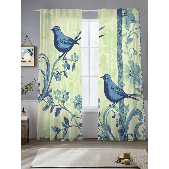 Blue Vintage Bird Sheer Curtains for Living Room Bedroom Retro Sage Green Summer Botanical Sheer Curtains 84 Inch Long 2 Panels Set Light Filtering Curtain Window Treatments Drapes for Dining Room