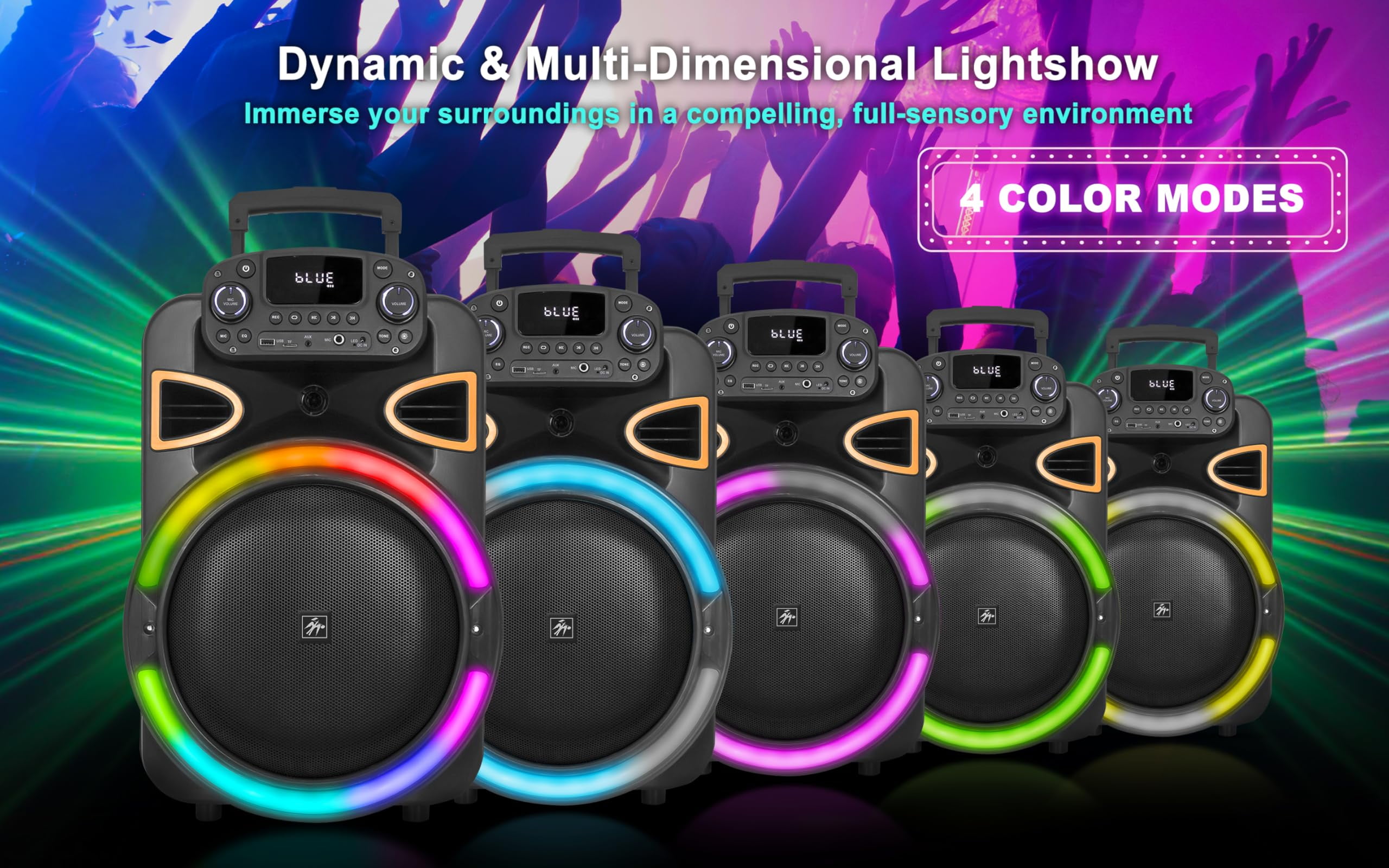 Fisher Portable Bluetooth Wireless Speaker System: 15" Subwoofer 80W Peak Power Loud HD Deep Bass Sound|LED Lights|Rechargeable|Karaoke|Remote|TWS Pairing|USB Port|TF|AUX|FM Radio|MIC Input|Equalizer