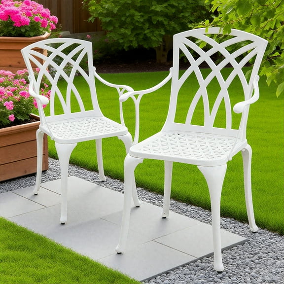 Withniture Cast Aluminum Patio Dining Chairs Set, Metal Outdoor Patio Chairs with Arms for Garden, Backyard, Porch, White