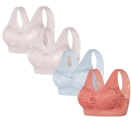 REORIAFEE Push up Bra Pack 4PC Gathered Together Wireless Bras Floral Brassiere Breathable Wide Strap Comfy Corset Underwear Classic Comfortable Support Lingerie Pink L