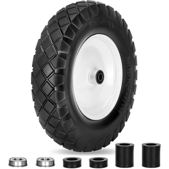 Upgraded 16" Flat Free Wheelbarrow Wheels and Tires, 4.80/4.00-8 Solid Tires with 5/8"&3/4" Bearings,14"-16" Universal Fit Wheelbarrow Wheel for Wheelbarrows/Garden Trailer