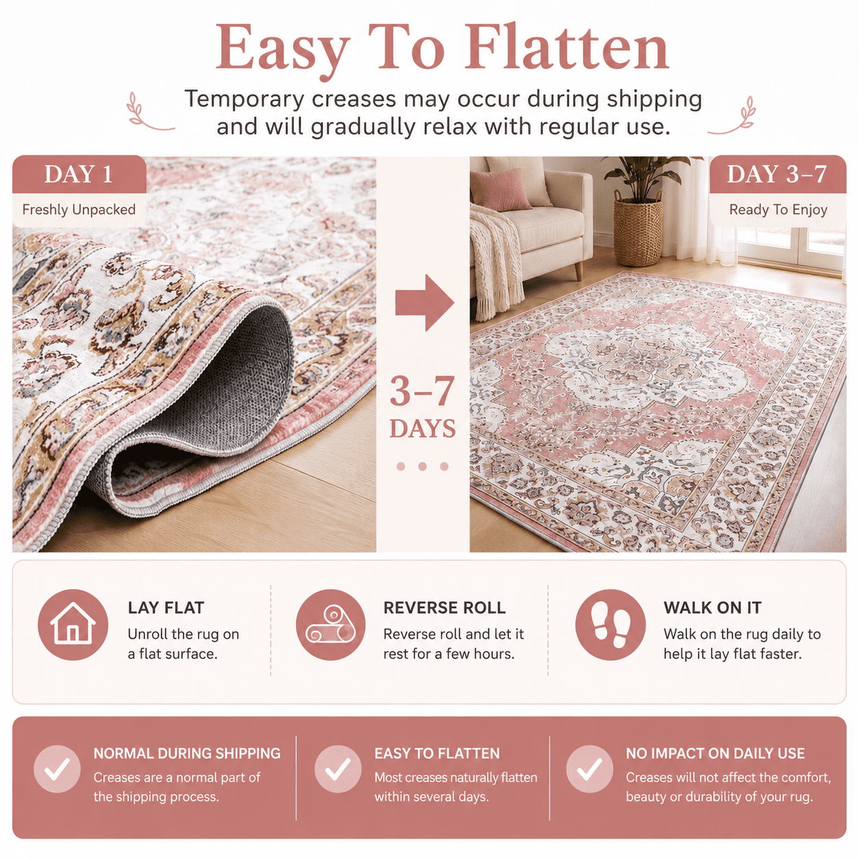 Wondiair 5'x7' Rose Pink Persian Floral Area Rug Carpet, Machine Washable Non-Slip for Living Room & Bedroom