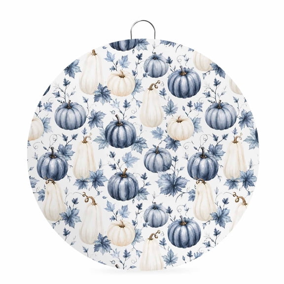 Welcome Sign Front Door Decorations, Navy Blue Pumpkins Fall Round Wall Art Outdoor Metal Wreaths, Thanksgiving Botanical Leaves Pastoral Seasonal Hanging Sign for Home Porch Decor Warming Gift 8 In