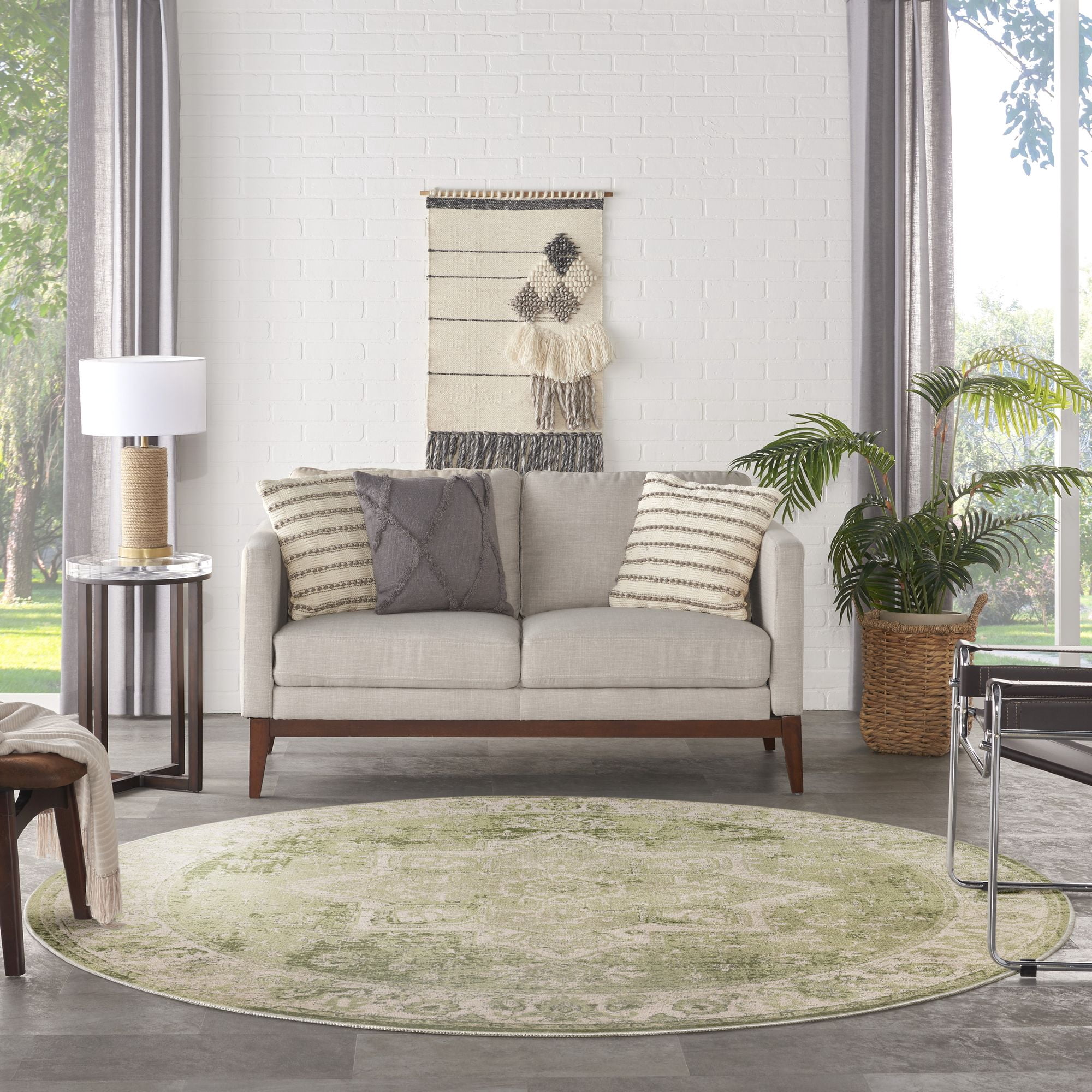 Nourison Astra Machine Washable 5'3" x Round Ivory Green Vintage Indoor Flatweave Rug
