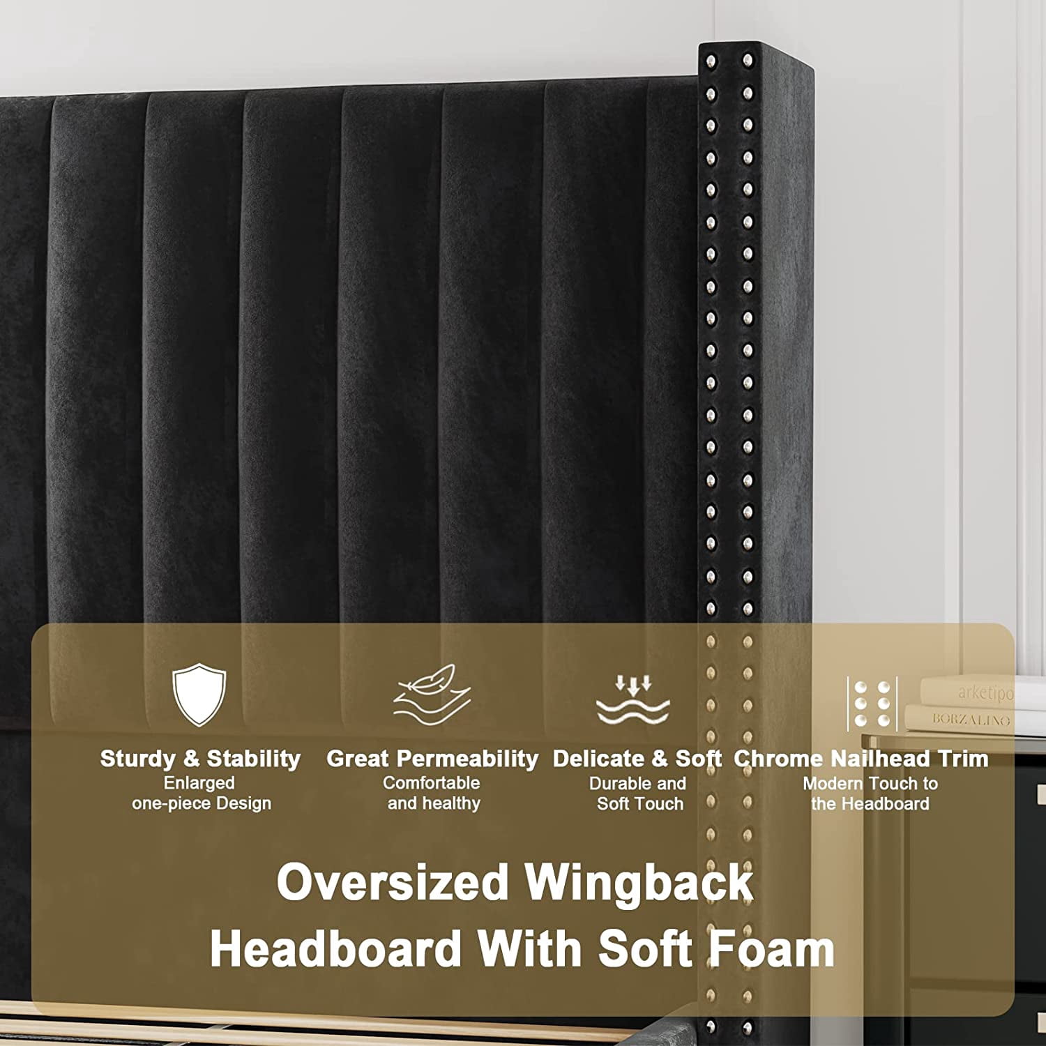 VanAcc King Bed Frame and Headboard Upholstered Wingback Bed with Vertical Channel Tufted Velvet/No Box Spring Needed/Easy Assembly/Black