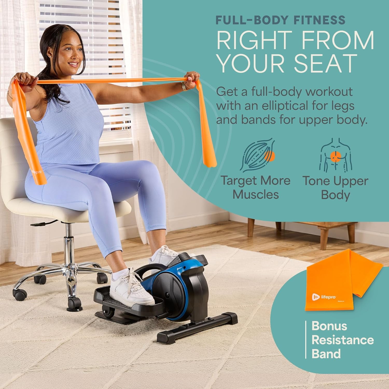 LifePro Under Desk Elliptical Machine with Red Light Option – Seated Pedal Exerciser for Seniors & Adults, Quiet Portable Leg Exercise Machine for Home & Office - Blue