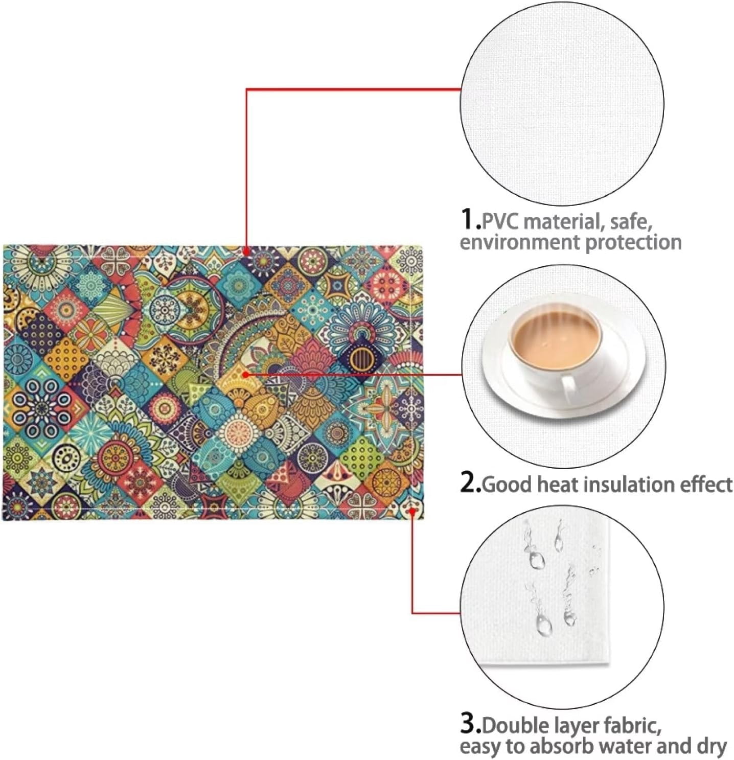 6 PCS Washable Tablemats for Home Farmhouse Beach, Easy to Clean Foldable Heat Resistant linen Weave Rectangle Table Mats, Bohemian Style