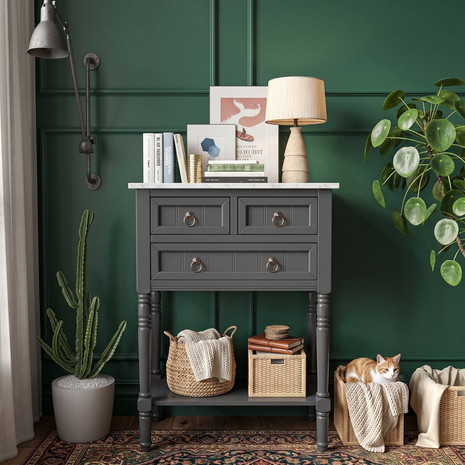 Furnibear Narrow Console Table with 3 Storage Drawers and Open Bottom Shelf and Turned Legs for Entryway and Hallway, Dark Gray