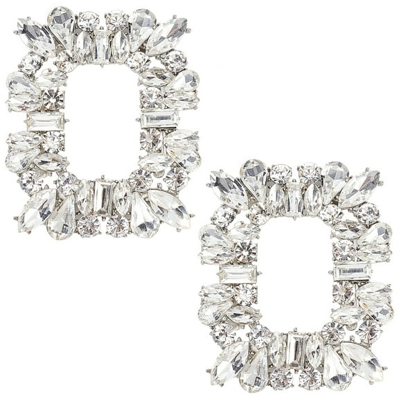 2Pcs Alloy Shoe Buckle Clips for Shoes Decoration with Crystal Rhinestone Rectangle Platinum 53x65x10.5mm