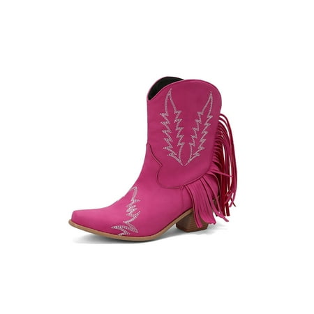 

Ferndule Ladies Tassel Bootie Party Non-slip High Calf Cowboy Boots Fashion Pointed Toe Fringe Boot Dark Pink 6.5