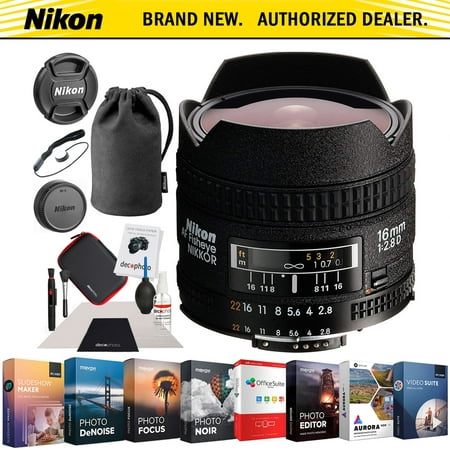 Nikon AF FX Fisheye-NIKKOR 16mm f/2.8D Fixed Lens with Auto Focus for Nikon DSLR Cameras Premium Accessory Set with Photography Equipment Maintenance Kit + Photo Video Editing Software Suite (Best Lens For Real Estate Photography Nikon)