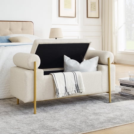 Storage Ottoman with Arms, End of Bed Bedroom with Metal Legs, Linen Upholstered Ottoman Foot Rest Storage Benches for Living Room, Bedroom, Entryway, Hallway, Beige