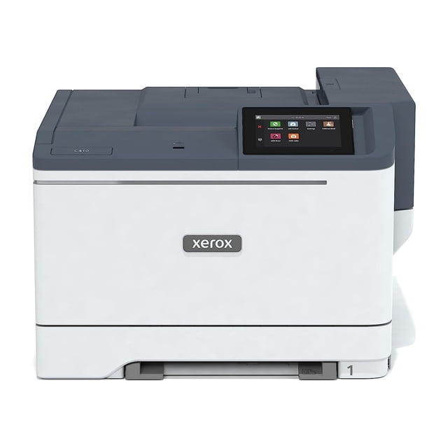 impresora láser a color Xerox C410 impresora a color, hasta 42 PPM, dúplex — vista frontal 3/4 de la unidad compacta blanca con tapa superior gris, bandeja frontal de papel, logo Xerox centrado, pantalla táctil a color de 4.3 pulgadas con iconos, salida lateral de papel y líneas rectas; adecuada para espacios de oficina pequeños y recepción.
