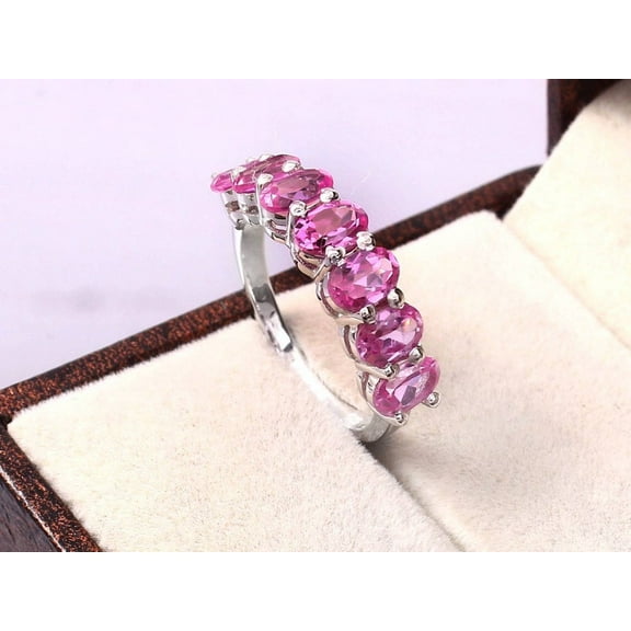 Pink Sapphire Gemstone Band Oval Shape Half Eternity Band 925 Sterling Silver Wedding Band Stackable Band Engagement Gifts For Her .