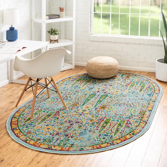 Unique Loom Calypso Collection Area Rug - Kaiso (7' 10" x 10' Oval Aqua/Navy Blue)