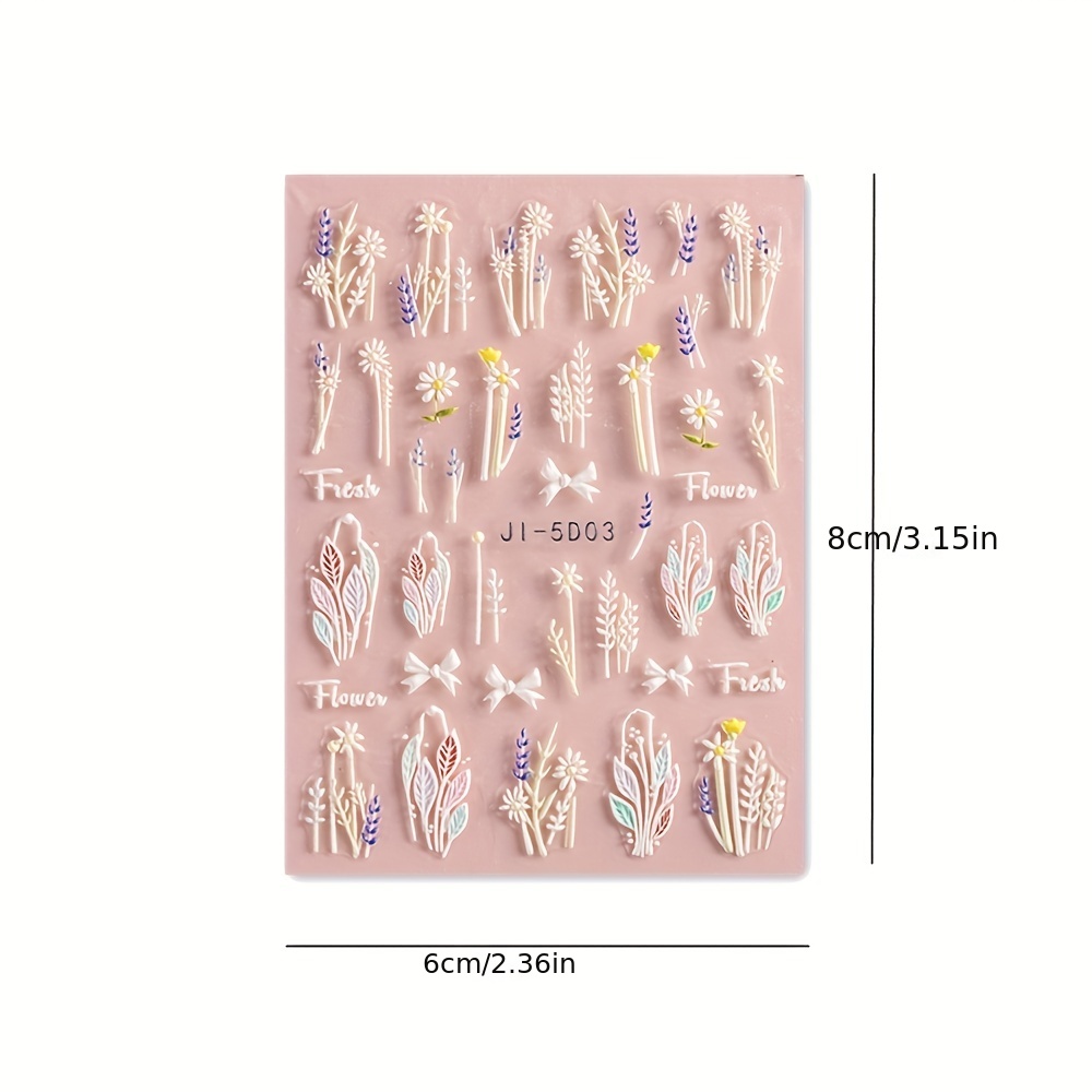 5D Nail Art Stickers Decals – Embossed Floral Designs (Daisy, Fern), 3D Matte Finish For Nail Decoration (Style 5D30)