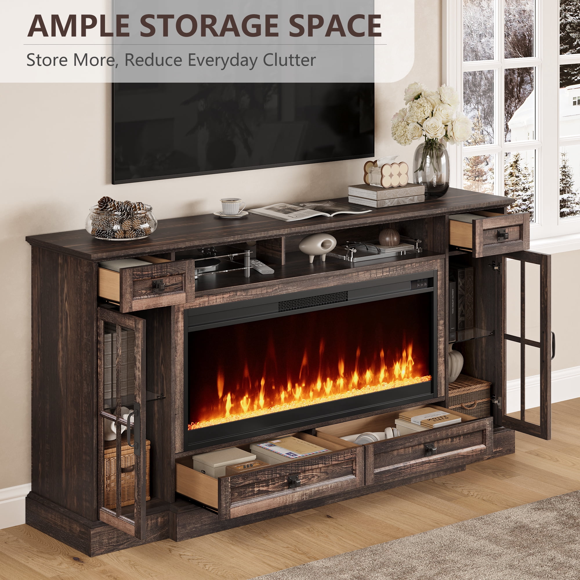 OKD TV Stand with Fireplace for 80 inch TVs, Farmhouse Entertainment Center with Storage, Dark Rustic Oak