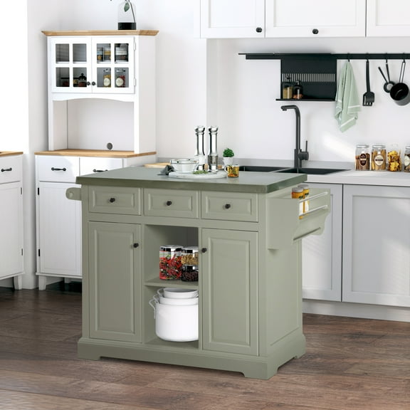 HOMCOM Rolling Kitchen Island on Wheels with Stainless Steel Top, Spice Rack & Drawers, Utility Portable Multi-Storage Cart on Wheels, Gray