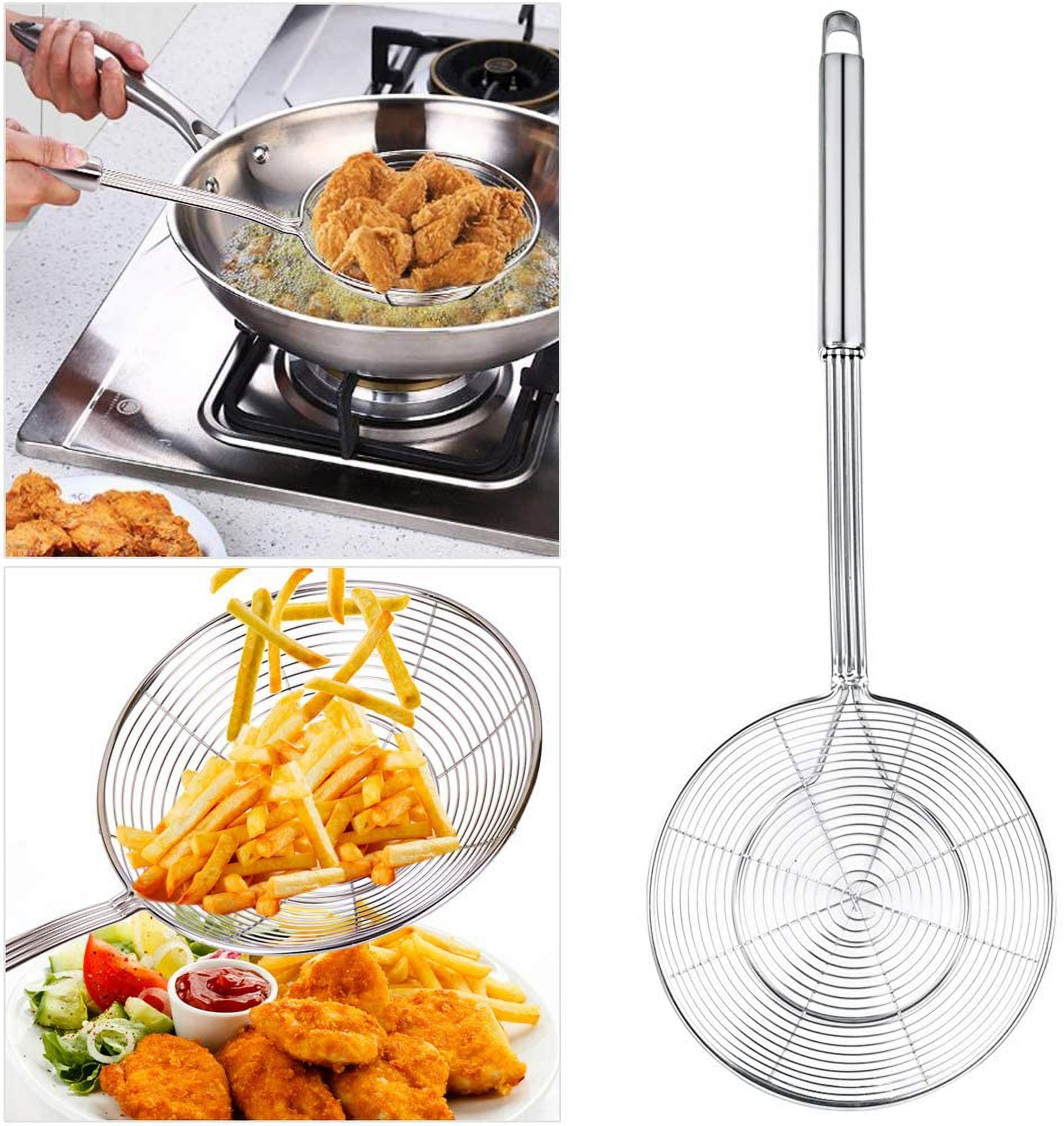 Spider Strainer Skimmer Spoon, HSpiow Set of 3 Sizes Frying Spoon Stainless  Steel Fryer Scoop Wire Strainer Ladle with Long Handle for Kitchen Frying