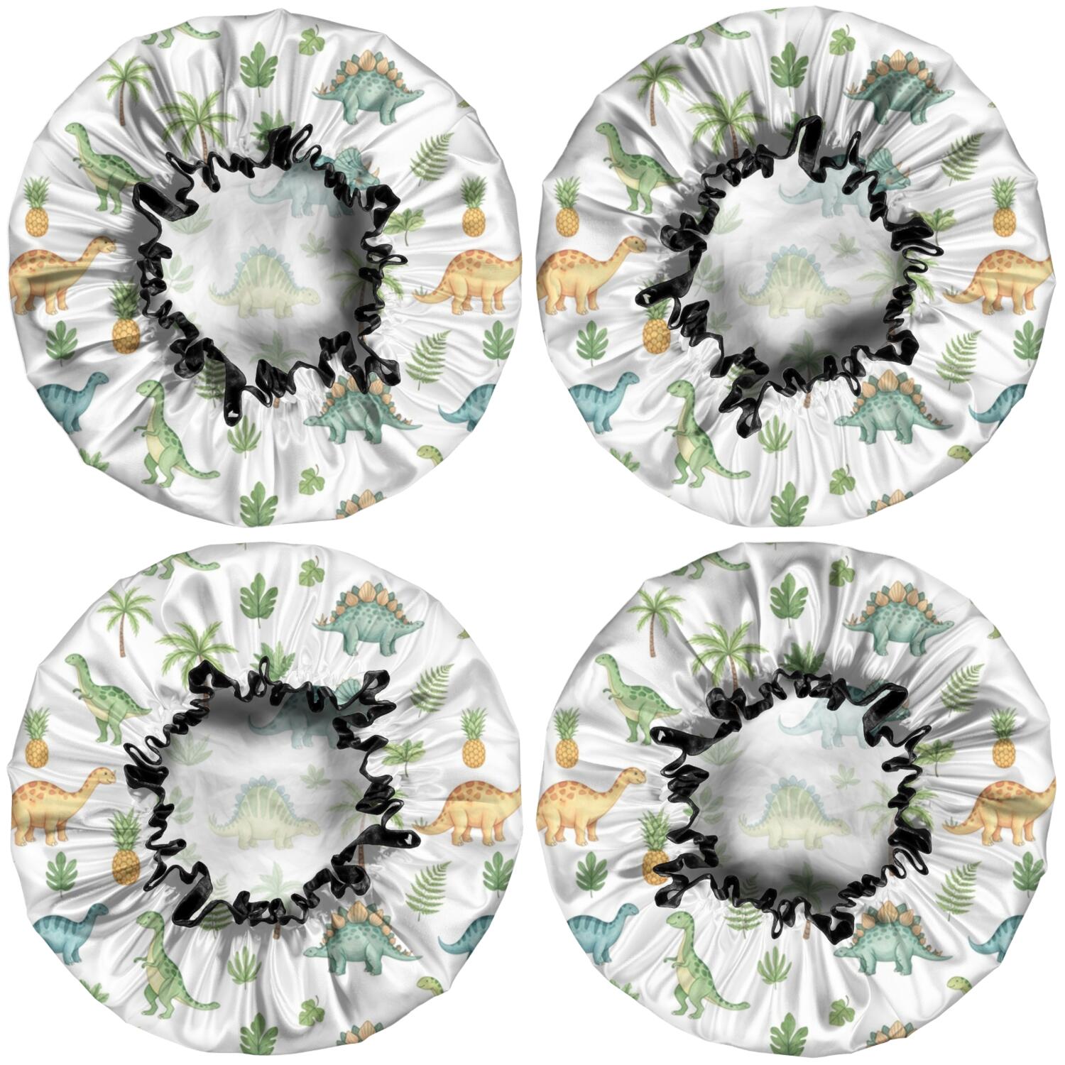 Shower Caps,White Dinosaurs Palms Pineapples Pattern Waterproof Shower Cap for Women 4 Pieces,Double Reusable Hair Cover for Shower PEVA Elastic Stretch Hem