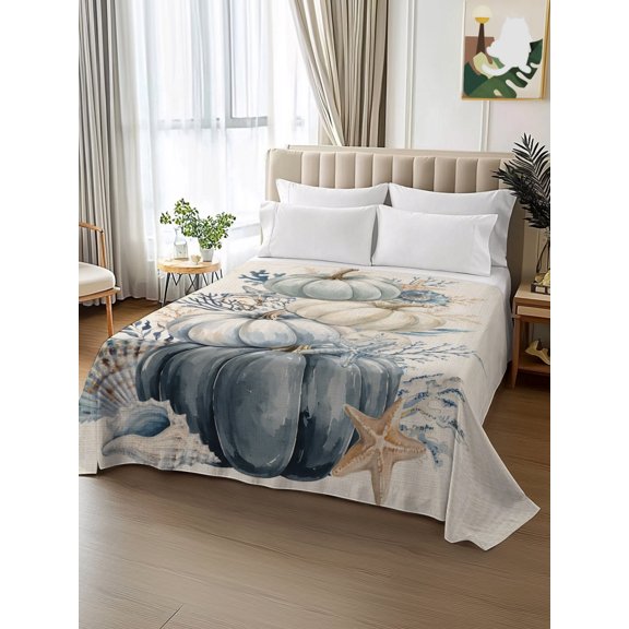 King Size Flat Sheet Only,Thanksgiving Farm Pumpkins Soft Top Bed Sheets Breathable Bedding Sheet Sea Starfish Shell Corals Microfiber Hotel Luxury Top Sheets