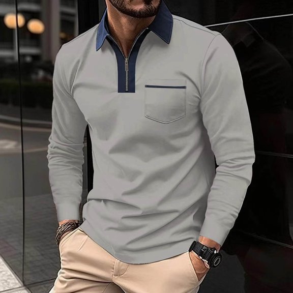 PNTUTB Men's Fashion Color-blocked Zipper Collar Classic Pullover Comfort Casual Long Sleeve Blouses with Pocket