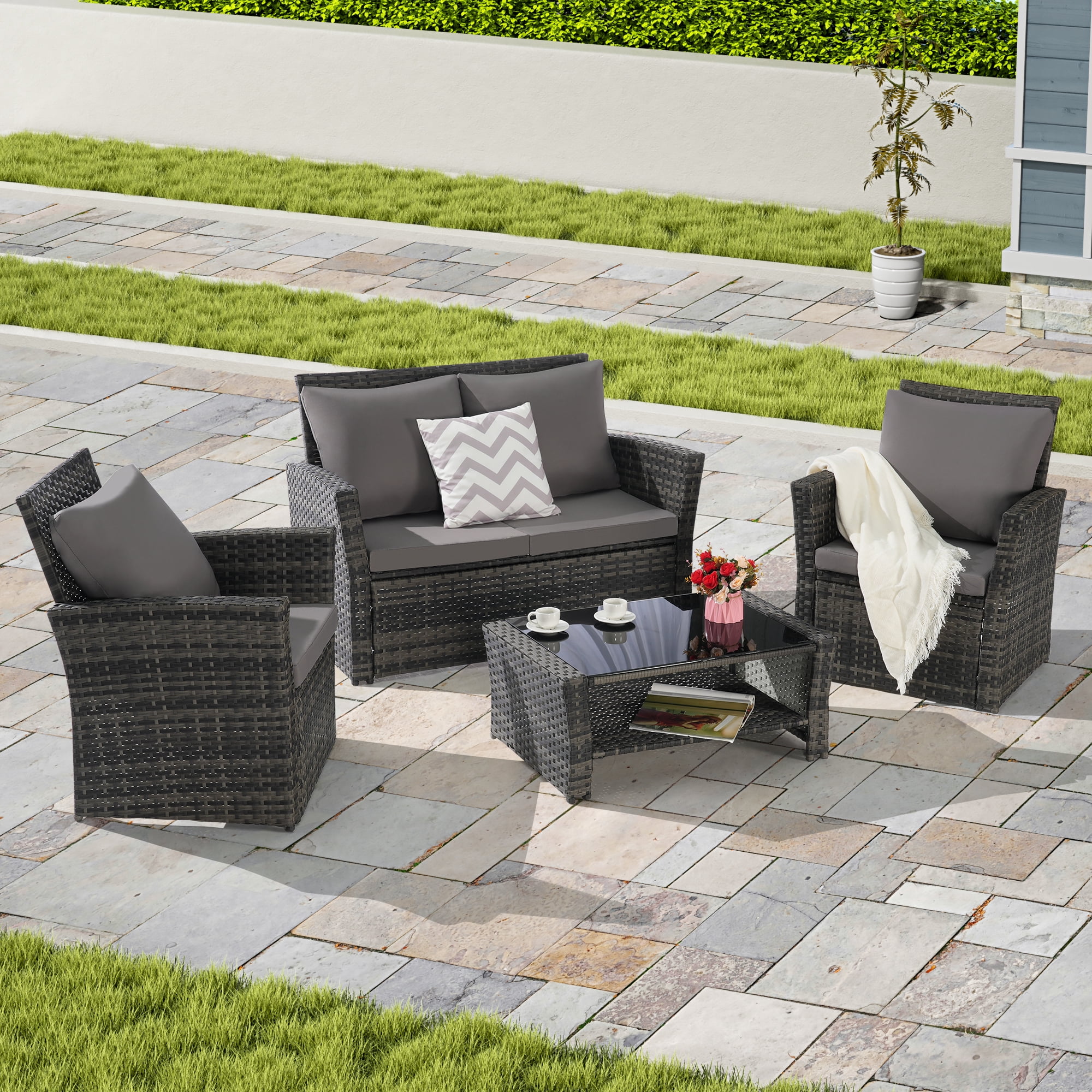 Leumius 4 Piece Patio Furniture Set,Outdoor Patio Furniture Set All-Weather Rattan Wicker Patio Conversation Set with Tempered Glass Coffee Table & Cushions for Garden & Backyard,Dark Gray