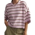 thumbnail image 3 of Women's Striped Crew Neck Drop Shoulder Short Sleeve Cropped Knit Sweater Pink S, 3 of 8