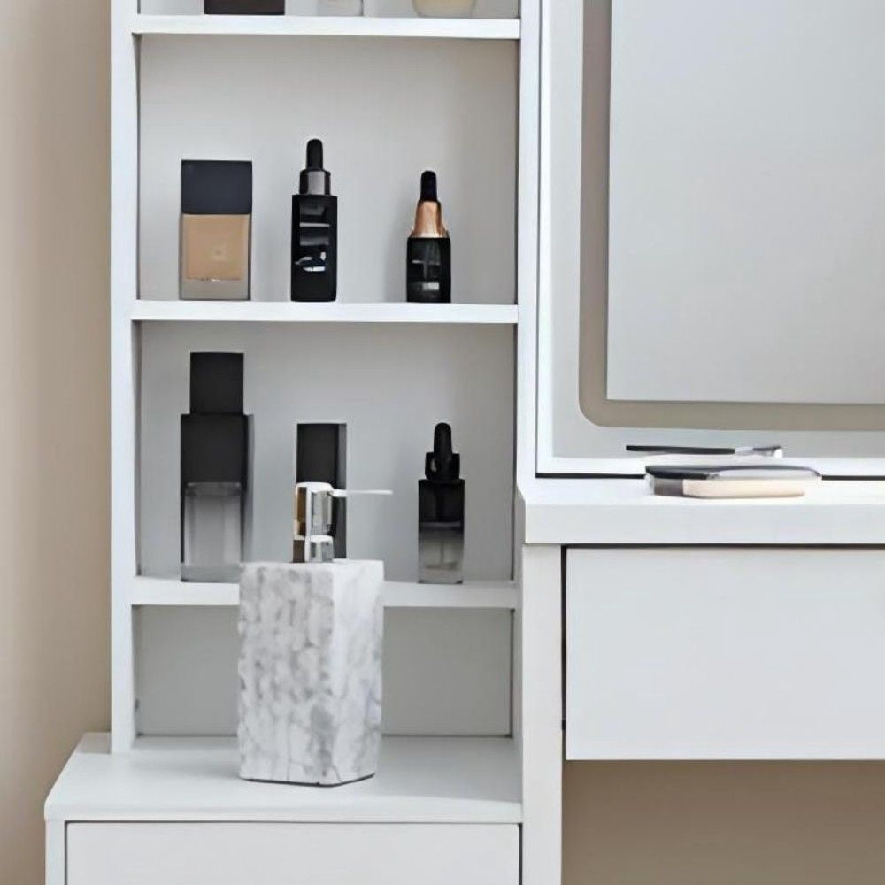 3 in 1 Vanity Desk with Mirror And Lights, Small Vanity Desk Set with Visible Glass Tabletop, 3 Drawers, Storage Bench, 3 Color Lighting Mirror, Suitable for Bedroom Small Vanity Desk