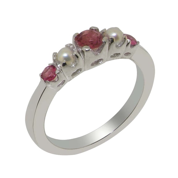 LBG British Made 925 Sterling Silver Natural Pink Tourmaline & Cultured Pearl Womens band Ring - 33 size options - Size 10
