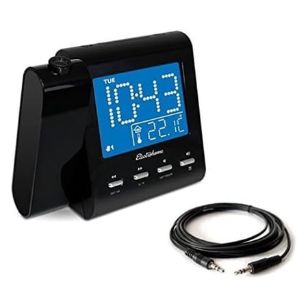 Projection Alarm Clock with AM/FM Radio, Battery Backup, Auto Time Set, Dual Alarm, Sleep Timer, Indoor Temperature/Day/Date Display & 3.5mm Aux Stereo Cable