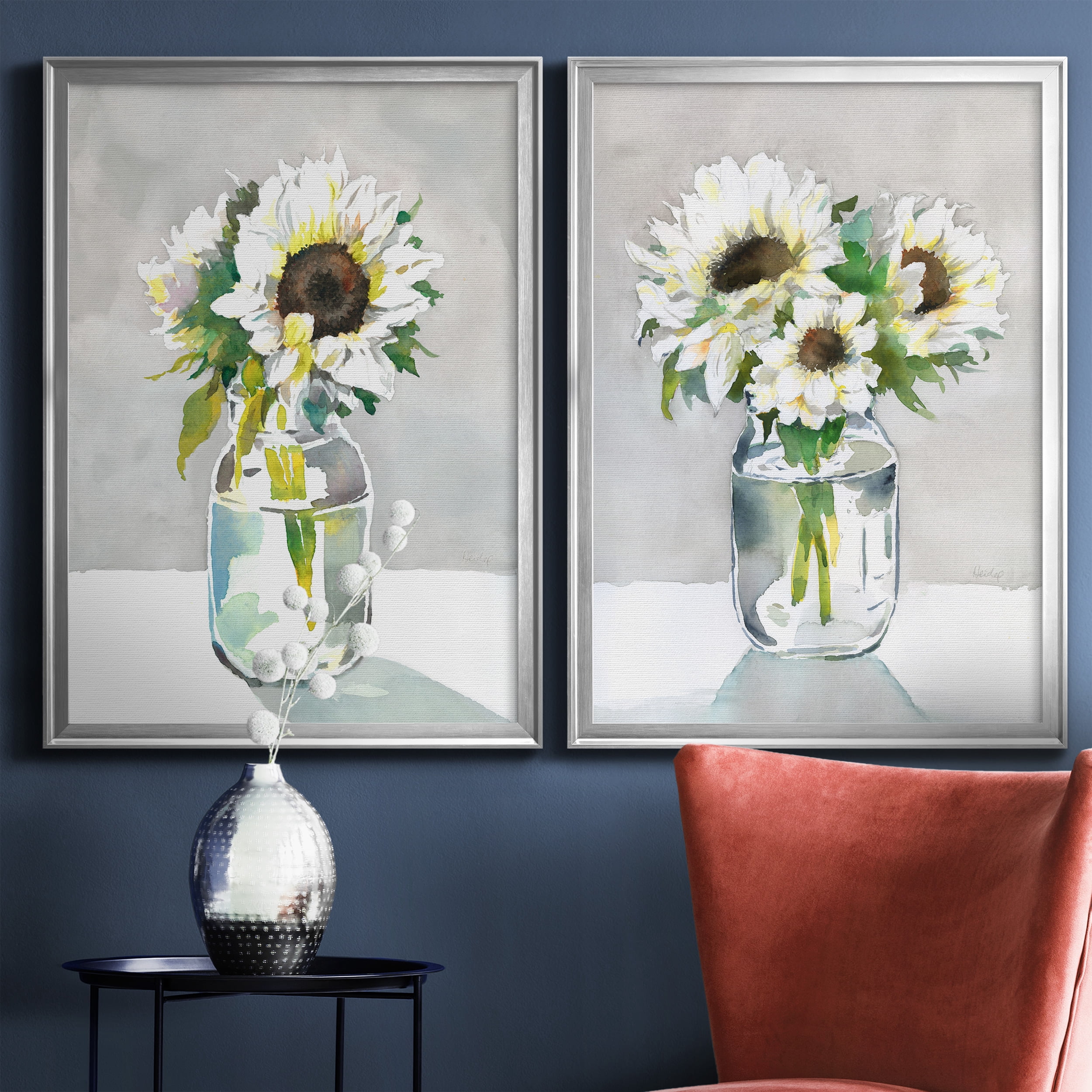 2 Piece Set Sunflower I Premium Framed Canvas - Ready to Hang - 26.5 x 36.5 Each - Silver Frame