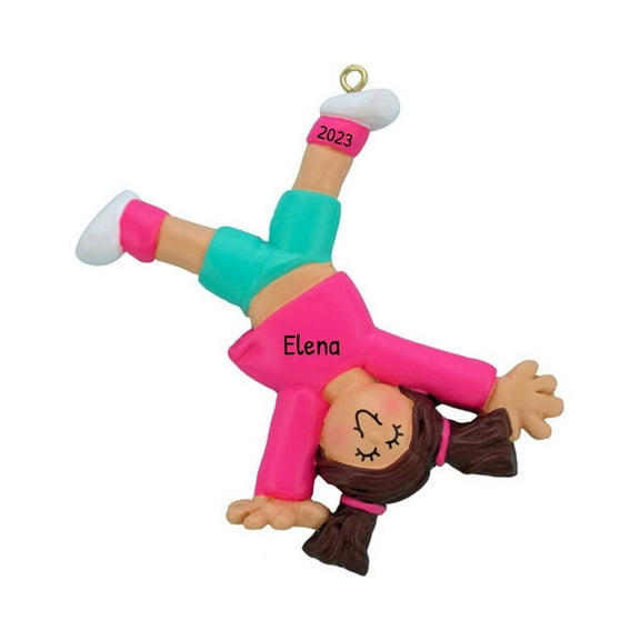 Personalized Toddler Christmas Tree Ornament 2024 - Brunette Girl Tumbling Pink Christmas Ornament
