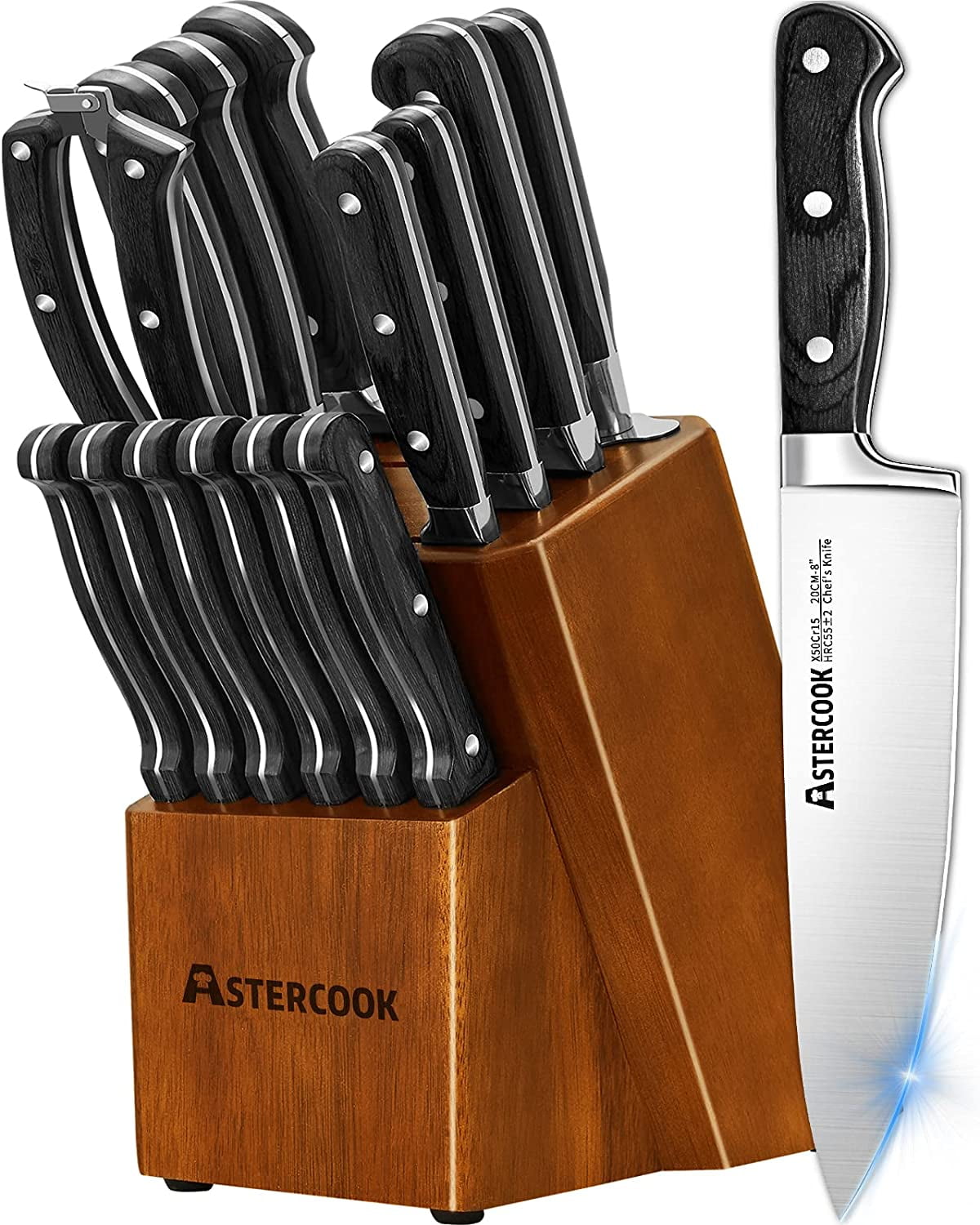 Knife Set, 15 Pcs Kitchen Knife Set With Block, Hidove German Stainless