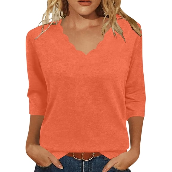 Qgtaibl Women's 3/4 Sleeve Basic Tops Casual Scalloped V Neck Loose Fit Blouse Solid Color Lightweight Tunic Shirts for Daily Wear Orange XL