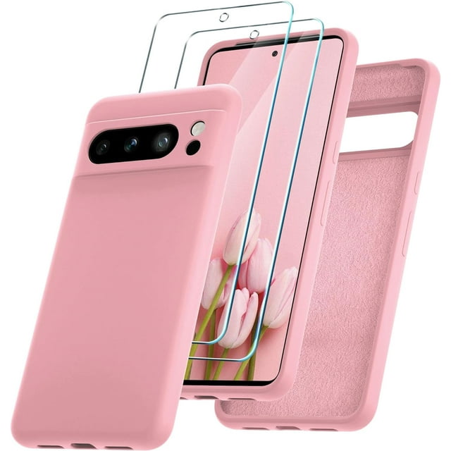 KOMI for Google Pixel 8 Pro Case, Silicone Phone Case with 2 Screen Protector, Soft Anti-Scratch Microfiber Lining, Full Body Shockproof Slim Cover Support Wireless Charging, Rose Pink