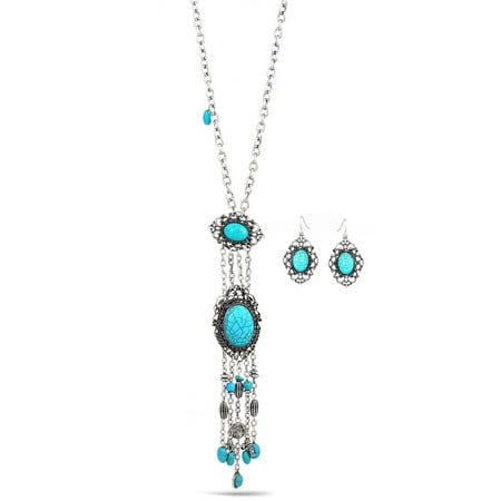 Turquoise Nugget Set - TAZZA WOMEN'S OXIDIZED ANTIQUE VINTAGE LOOK BOHO STYLE SILVER FILIGREE GENUINE TURQUOISE STONE EARRINGS AND NECKLACE SET